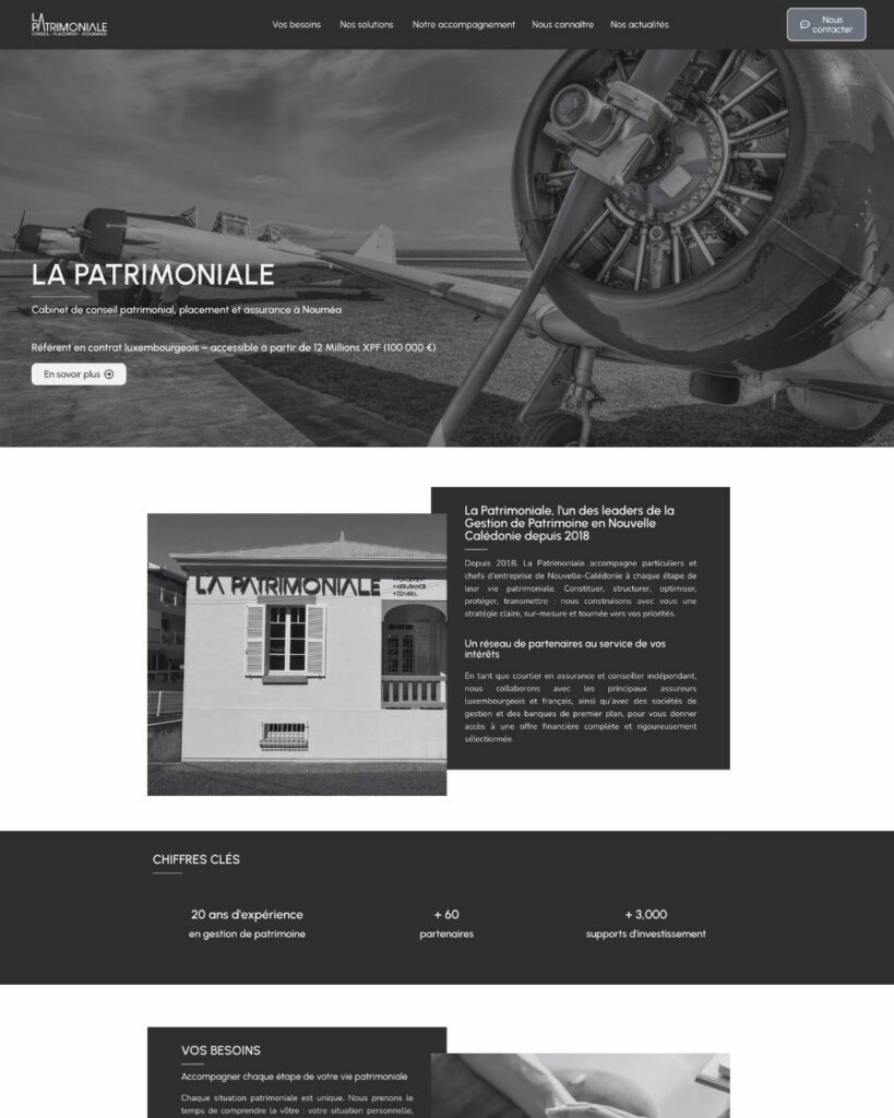 Refonte du site internet pour CGP : homepage de La Patrimoniale après refonte digitale